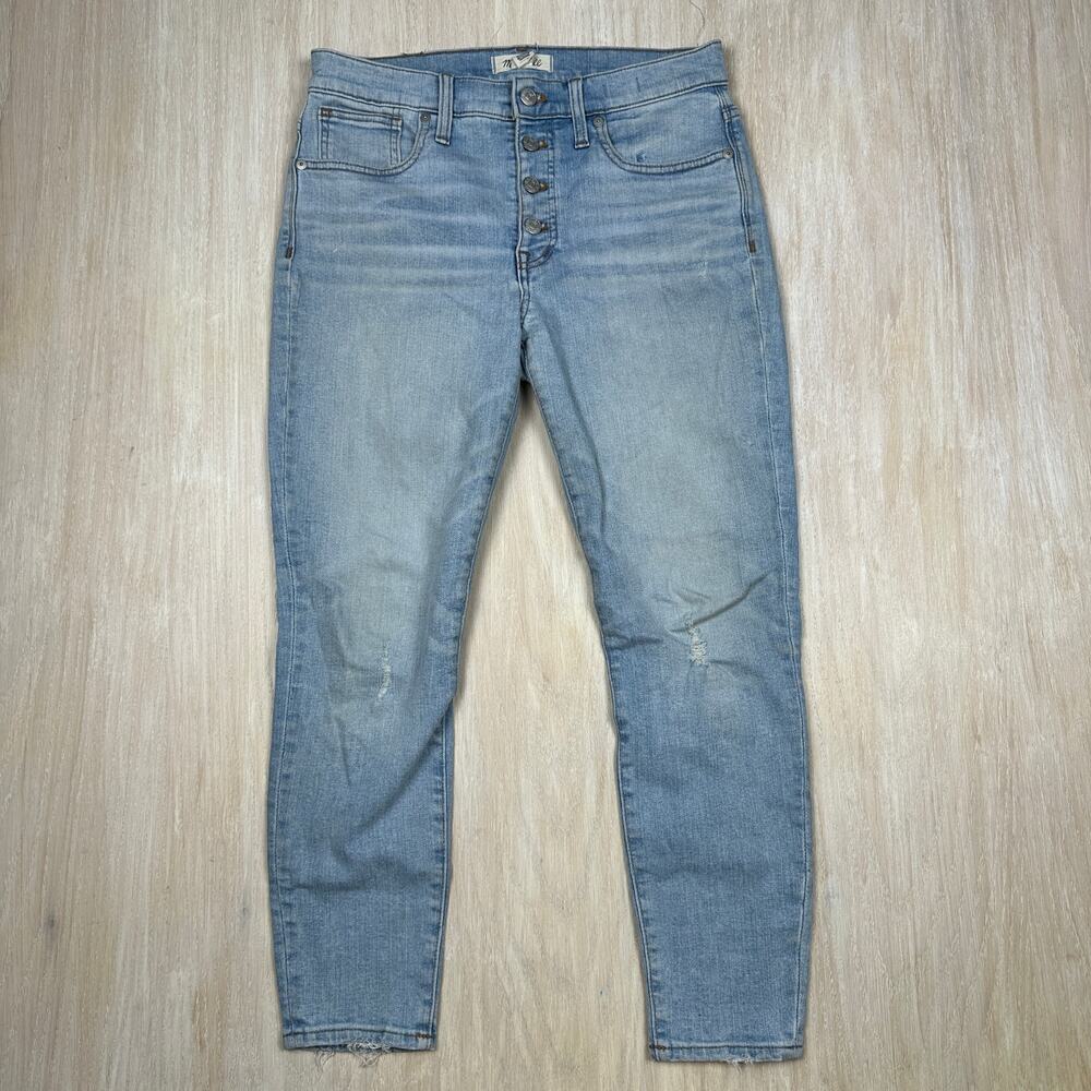 Madewell 9" High Rise Skinny Crop Button Fly Distressed Blue Denim Jeans 28